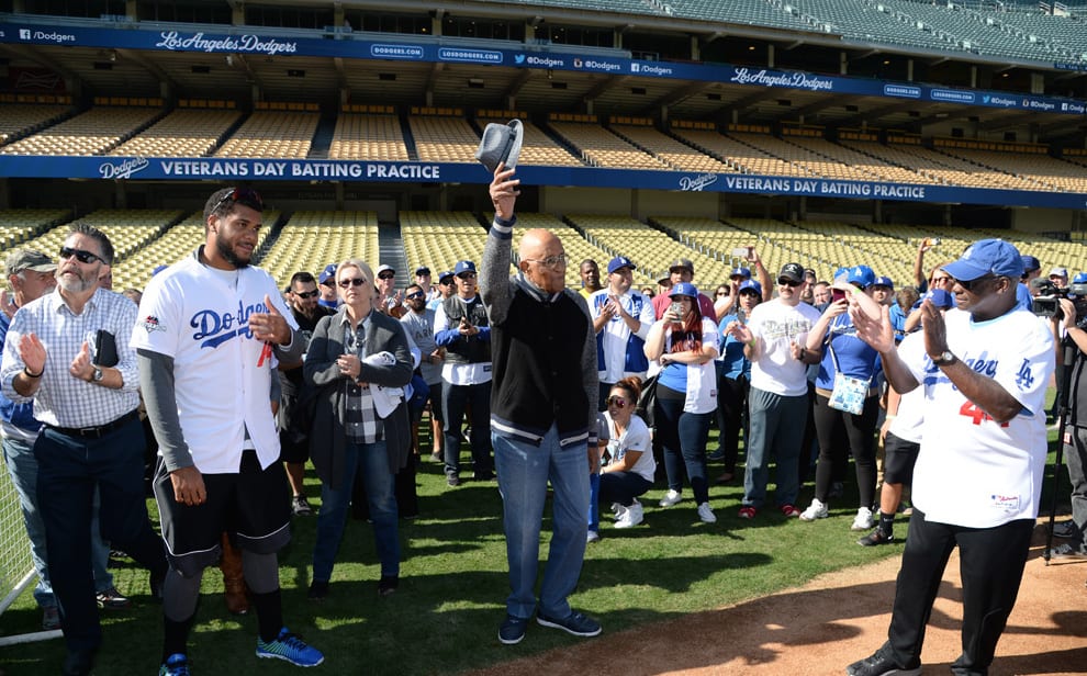 Kenley Jansen, Don Newcombe Attend Veterans Day Batting Practice At Dodger Stadium