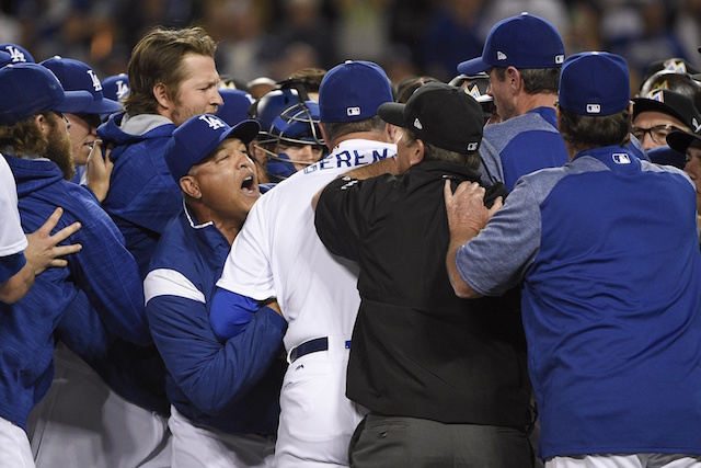 Bob-geren-clayton-kershaw-brandon-mccarthy-dave-roberts-dodgers-benches-clearing