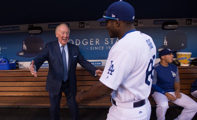 Austin Barnes, Yasiel Puig, Vin Scully