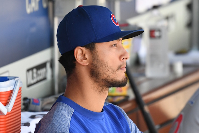 Chicago Cubs starting pitcher Yu Darvish in the dugout at Dodger Stadium