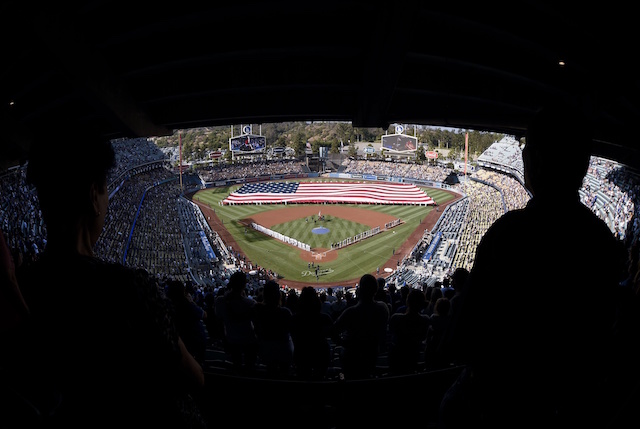 Dodger Stadium view, American flag