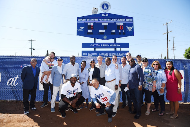 Stan Kasten, Clayton Kershaw, Yasiel Puig, Dave Roberts, Nichol Whiteman, Los Angeles Dodgers Foundation 50th Dreamfield