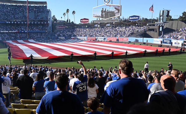 Dodger Stadium view, American flag, 2018 NLCS