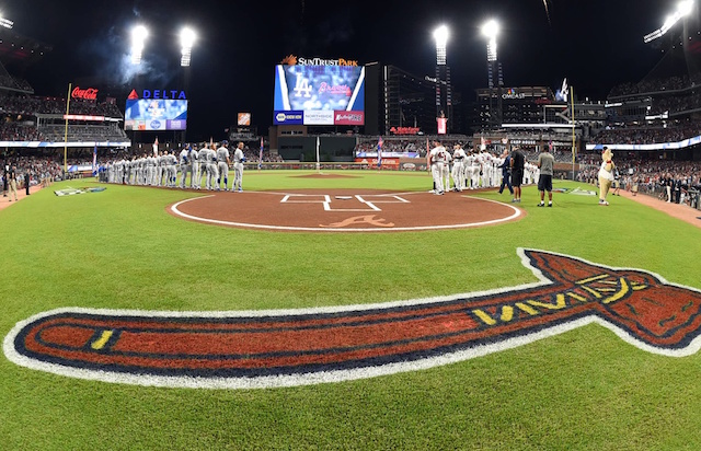 SunTrust Park view, Dodgers lined up, Braves, 2018 NLDS