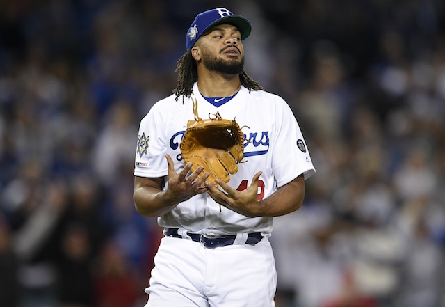 Los Angeles Dodgers closer Kenley Jansen reacts