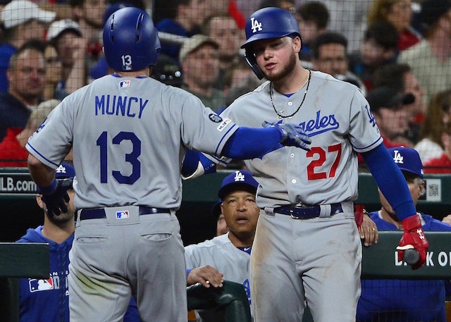 Los Angeles Dodgers teammates Max Muncy and Alex Verdugo celebrate