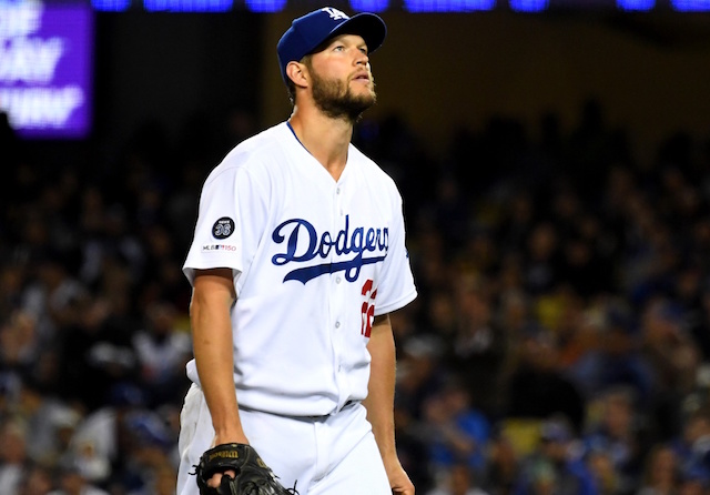 Los Angeles Dodgers pitcher Clayton Kershaw walks off the field at Dodger Stadium