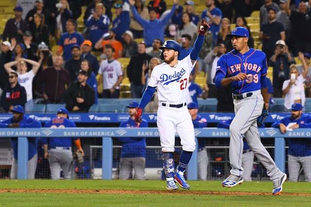 Los Angeles Dodgers outfielder Alex Verdugo celebrates a walk-off win against the New York Mets