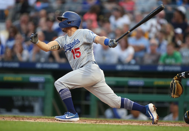 Los Angeles Dodgers catcher Austin Barnes gets a hit against the Pittsburgh Pirates