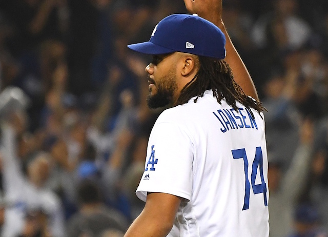 Los Angeles Dodgers closer Kenley Jansen celebrates a win against the New York Mets