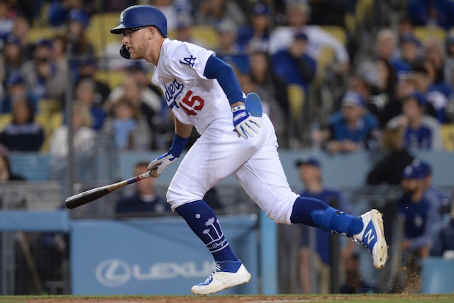 Los Angeles Dodgers infielder Matt Beaty hits a pinch-hit RBI single against the New York Mets