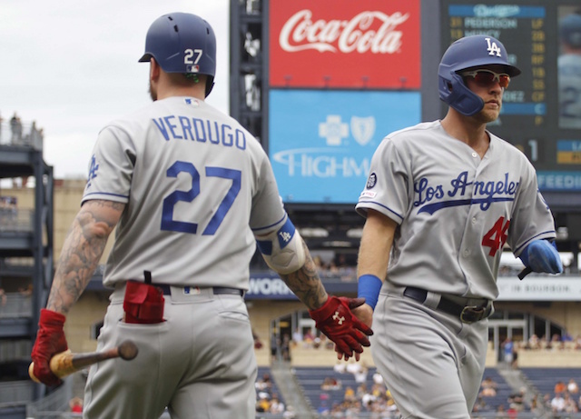 Los Angeles Dodgers teammates Matt Beaty and Alex Verdugo celebrate during a game at PNC Park