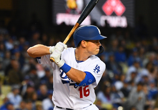 Los Angeles Dodgers catcher Will Smith hits a single in his first career MLB at-bat