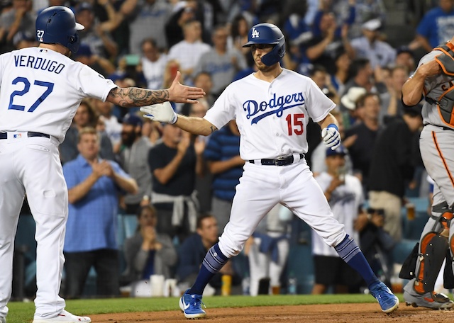 Los Angeles Dodgers outfielder Alex Verdugo greets Austin Barnes after a home run against the San Francisco Giants