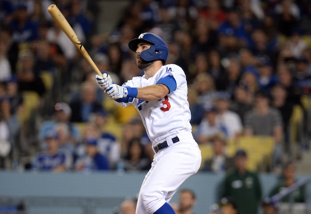 Los Angeles Dodgers shortstop Chris Taylor hits a home run against the San Francisco Giants