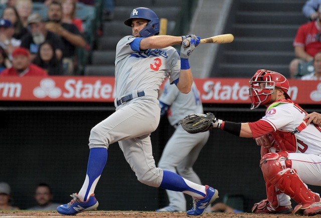 Los Angeles Dodgers outfielder Chris Taylor hits a two-run double against the Los Angeles Angels of Anaheim