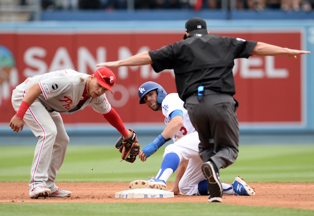 Los Angeles Dodgers infielder Chris Taylor steals second base against the Philadelphia Phillies