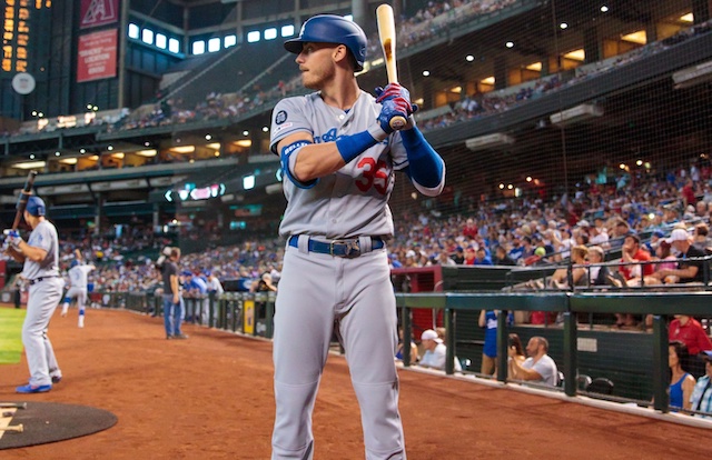 Los Angeles Dodgers teammates Cody Bellinger and Corey Seager on deck at Chase Field