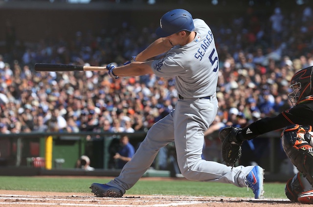 Los Angeles Dodgers shortstop Corey Seager gets a hit against the San Francisco Giants