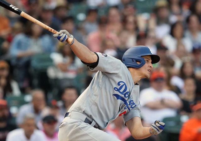 Los Angeles Dodgers shortstop Corey Seager gets a hit against the San Francisco Giants