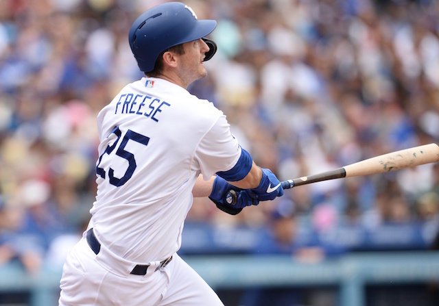 Los Angeles Dodgers first baseman David Freese hits a home run against the Philadelphia Phillies