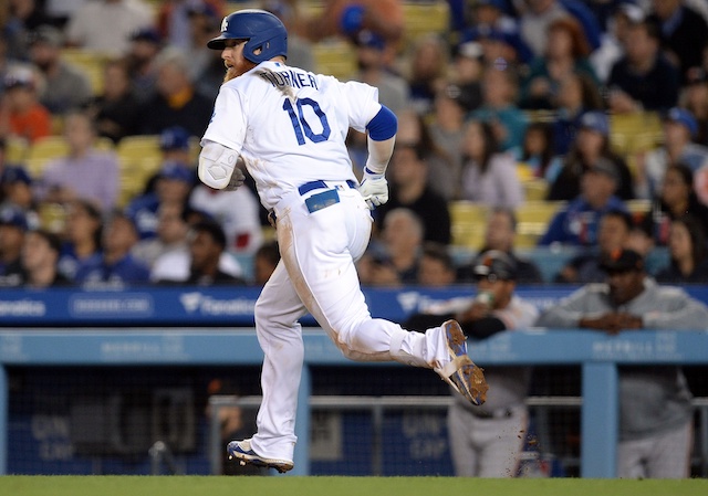 Los Angeles Dodgers third baseman Justin Turner watches a single at Dodger Stadium