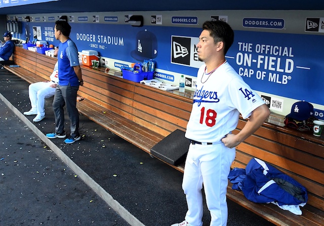 Los Angeles Dodgers starting pitcher Kenta Maeda in the dugout at Dodger Stadium