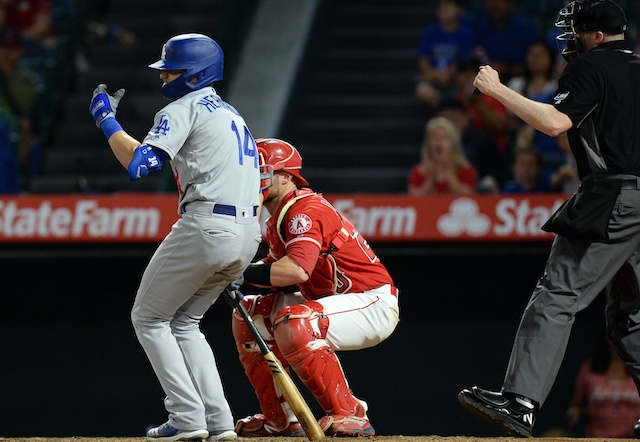 Los Angeles Dodgers second baseman Kiké Hernandez reacts after striking out against the Los Angeles Angels of Anaheimz 6