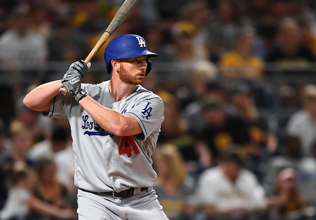 Los Angeles Dodgers outfielder Kyle Garlick at bat against the Pittsburgh Pirates