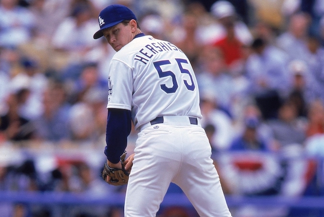 Former Los Angeles Dodgers pitcher Orel Hershiser in a game at Dodger Stadium