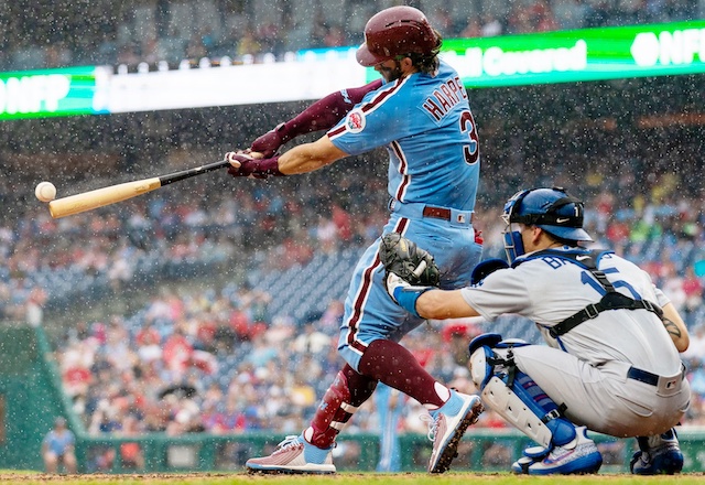 Philadelphia Phillies right fielder Bryce Harper hits a double against the Los Angeles Dodgers