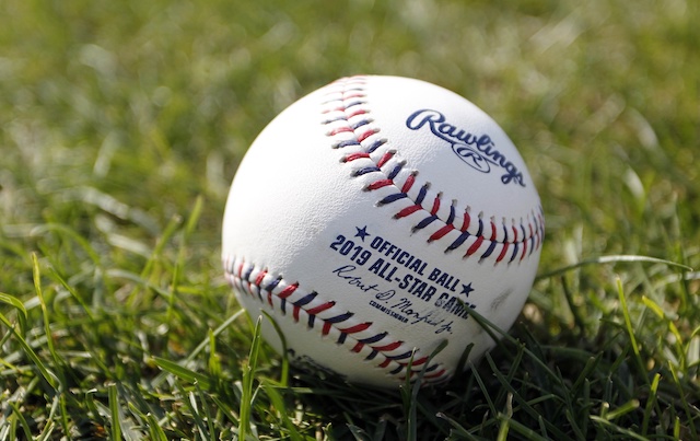 General view of a baseball on the field before the 2019 MLB All-Star Game at Progressive Field