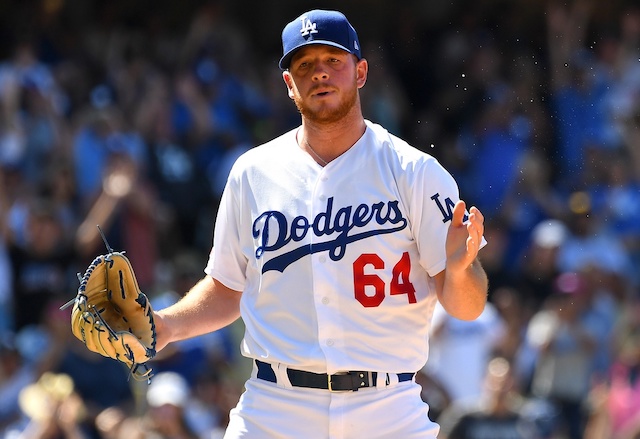 Los Angeles Dodgers pitcher Caleb Ferguson reacts after a win against the Miami Marlins