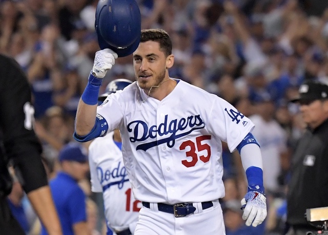 Los Angeles Dodgers right fielder Cody Bellinger celebrates after hitting a walk-off home run against the Arizona Diamondbacks