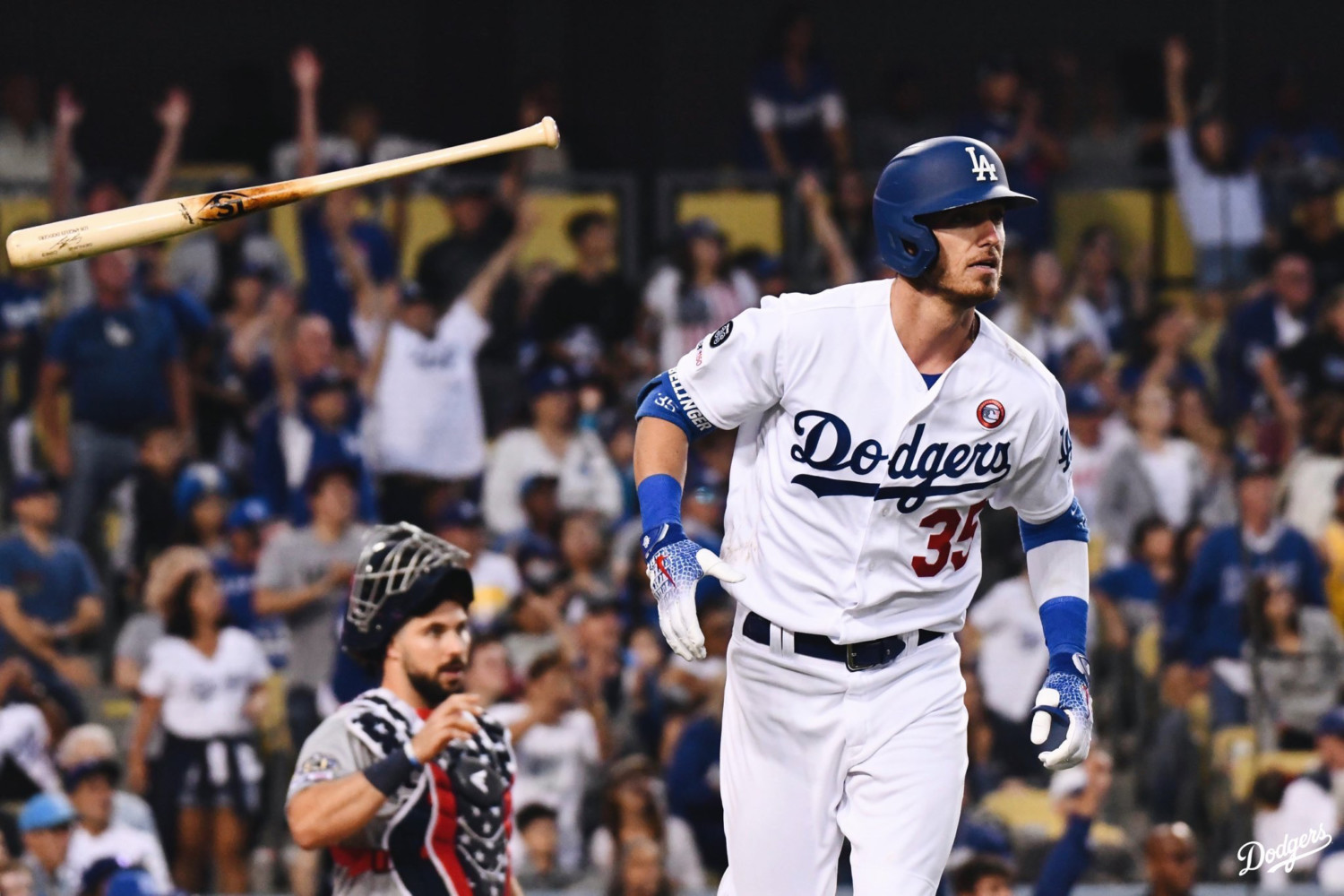 Los Angeles Dodgers outfielder Cody Bellinger hits a home run against the San Diego Padres