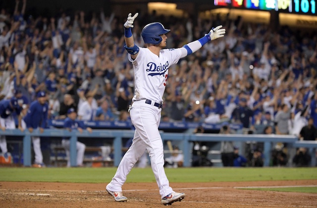 Los Angeles Dodgers right fielder Cody Bellinger hits a walk-off home run against the Arizona Diamondbacks