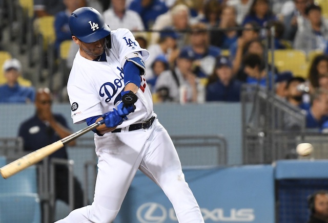 Los Angeles Dodgers first baseman David Freese swings for a pinch-hit single