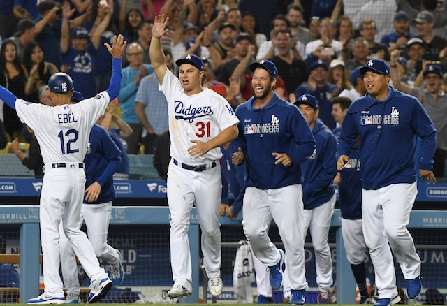 Dino Ebel, Clayton Kershaw, Joc Pederson and Hyun-Jin Ryu after a Los Angeles Dodgers walk-off win against the Arizona Diamondbacks