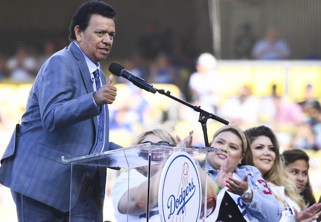 Former Los Angeles Dodgers pitcher Fernando Valenzuela speaks during his Legends of Dodger Baseball ceremony