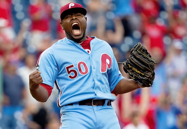 Philadelphia Phillies closer Hector Neris reacts after converting a save against the Los Angeles Dodgers