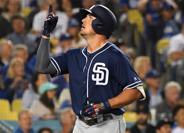 San Diego Padres outfielder Hunter Renfroe reacts after hitting a home run against the Los Angeles Dodgers