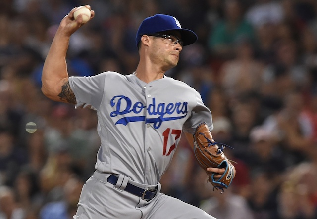 Los Angeles Dodgers relief pitcher Joe Kelly against the Boston Red Sox at Fenway Park