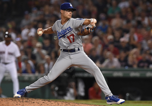 Los Angeles Dodgers relief pitcher Joe Kelly against the Boston Red Sox at Fenway Park