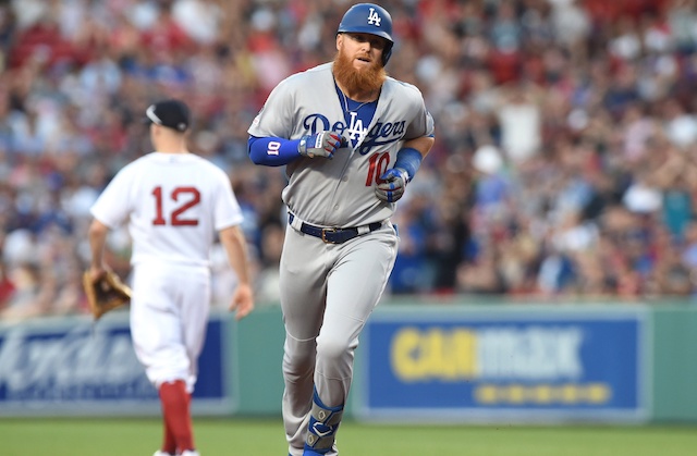 Los Angeles Dodgers third baseman Justin Turner rounds the bases after hitting a home run at Fenway Park