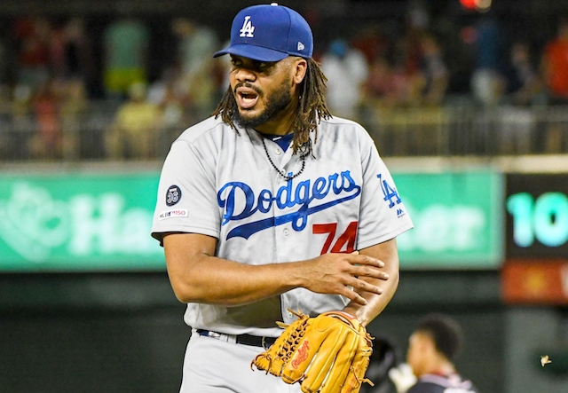 Los Angeles Dodgers closer Kenley Jansen reacts after a save against the Washington Nationals