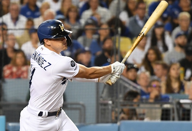 Los Angeles Dodgers second baseman Kiké Hernandez hits a ground ball