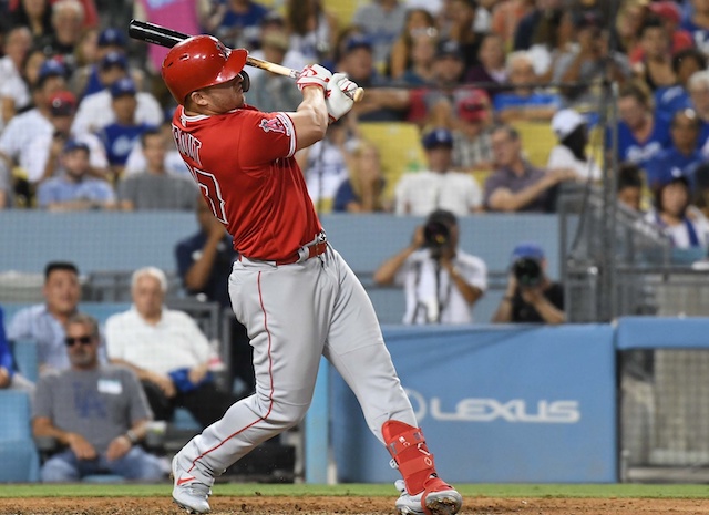 Los Angeles Angels of Anaheim Mike Trout hits a home run at Dodger Stadium