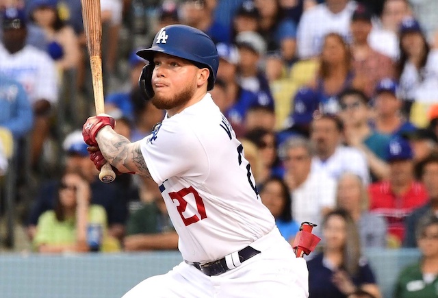 Los Angeles Dodgers outfielder Alex Verdugo hits a sacrifice fly