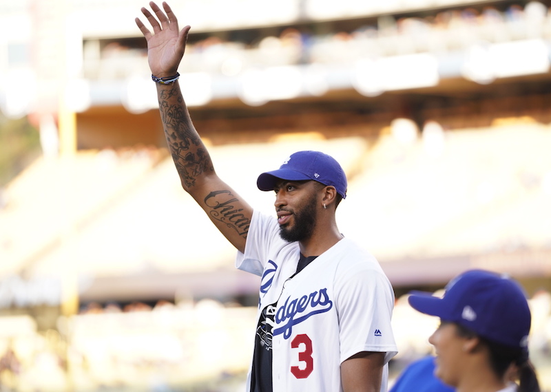 Anthony Davis throws out the first pitch on Lakers Night at Dodger Stadium