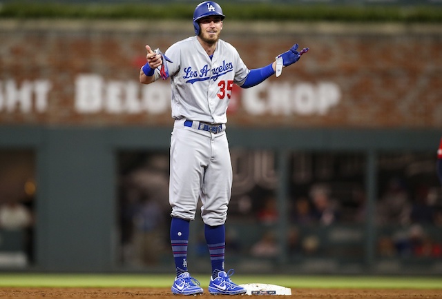 Los Angeles Dodgers All-Star Cody Bellinger reacts after hitting a double